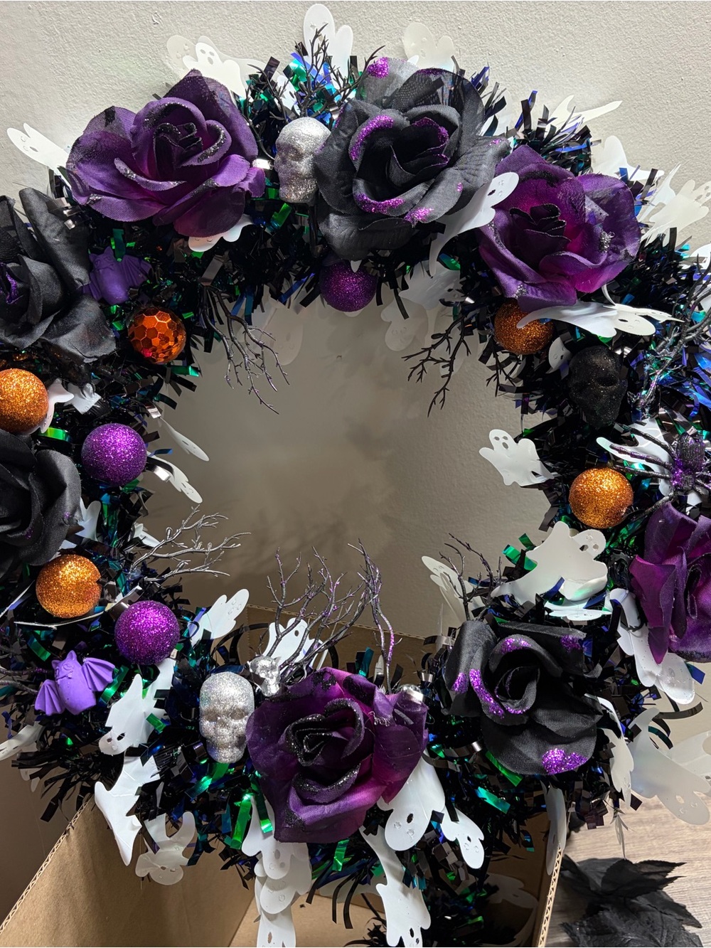 Hand Crafted Purple and Black Halloween Floral Wreath with Orange Accents